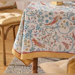 Patdrea Designer Table Cloth—Yellow Linen Floral Birds—87” X 55”